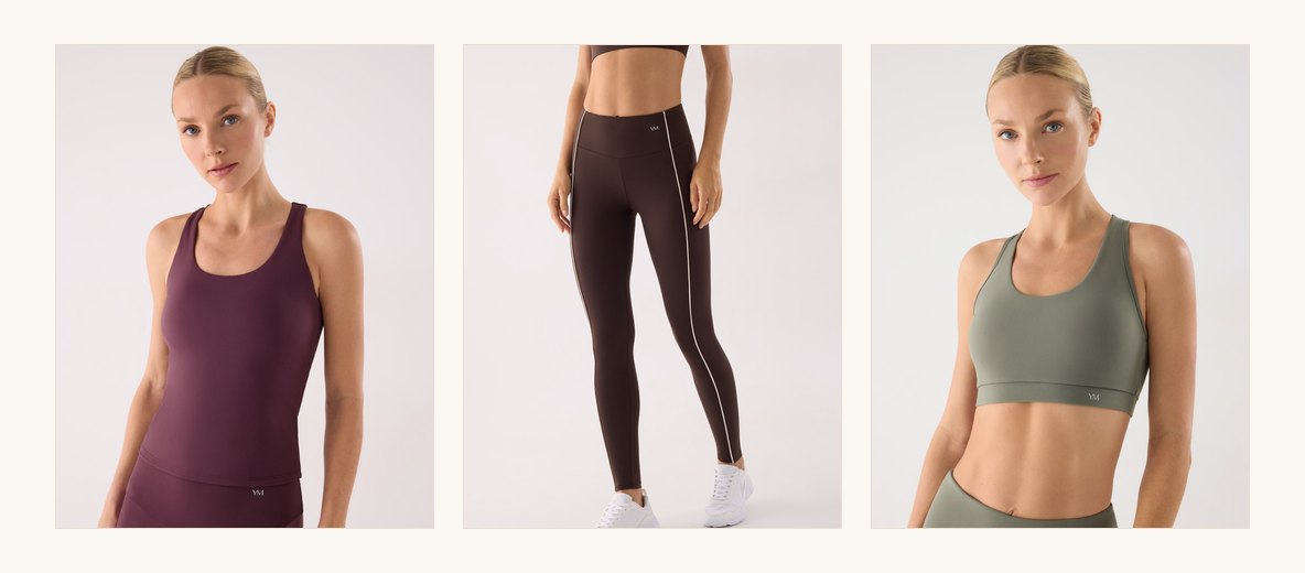 Camiseta deportiva burdeos, leggings marrones y sujetador verde de Ysabel Mora