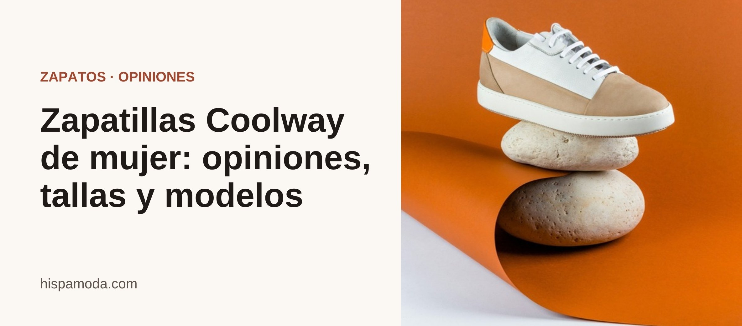 Portada: zapatilla de ante beige y blanca sobre dos piedras, con fondo naranja
