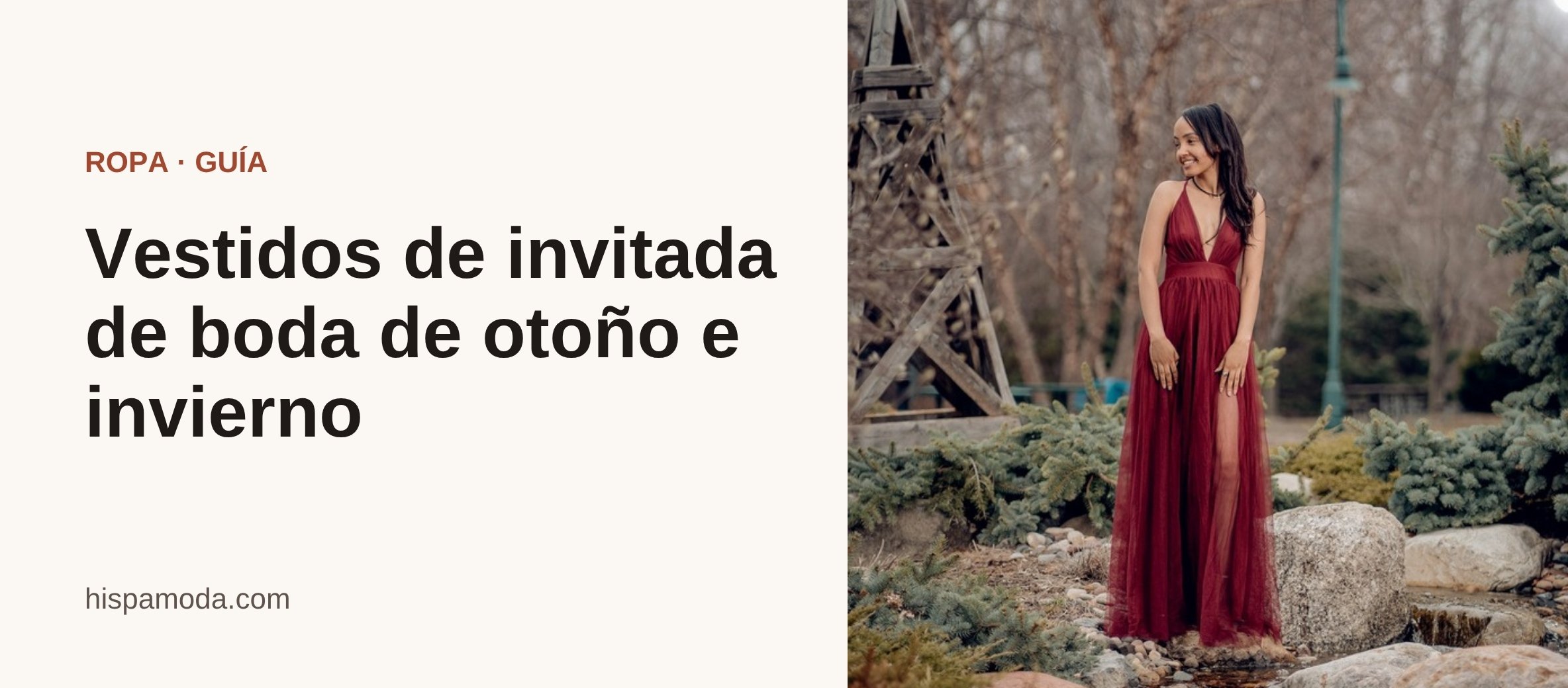 Portada: mujer con vestido largo burdeos en un jardín en otoño